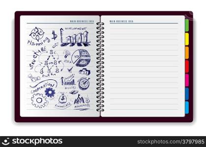 Creative notebook idea with business hand drawn symbols. Vector illustration