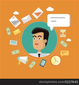 Creative Office Background. Creative office background. Businessman icon with bubble. Avatars of men with devices for communication. Smiling young man personage in flat on orange background. Vector illustration.
