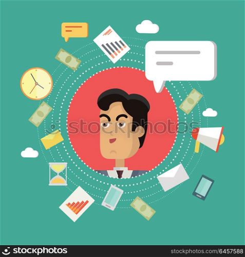 Creative Office Background. Creative office background. Businessman icon with bubble. Avatars of men with devices for communication. Smiling young man personage in flat on green background. Vector illustration.