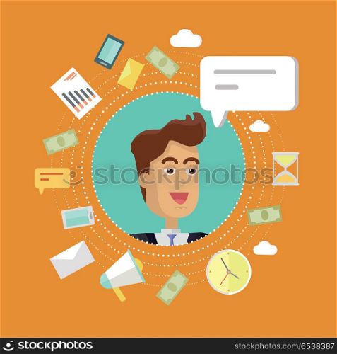 Creative Office Background. Creative office background. Businessman icon with bubble. Avatars of men with devices for communication. Smiling young man personage in flat on red background. Vector illustration.