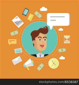 Creative Office Background. Creative office background. Businessman icon with bubble. Avatars of men with devices for communication. Smiling young man personage in flat on red background. Vector illustration.