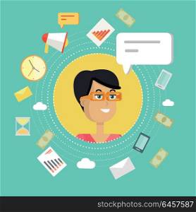 Creative Office Background. Creative office background. Businesswoman icon with bubble. Avatars of woman with devices for communication. Smiling young female personage in flat on green background. Vector illustration.