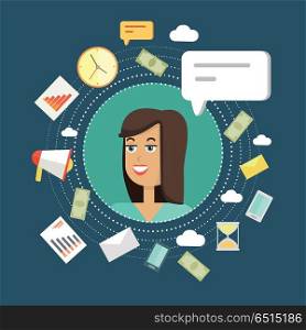 Creative Office Background. Creative office background. Businesswoman icon with bubble. Avatars of woman with devices for communication. Smiling young female personage in flat on blue background. Vector illustration.