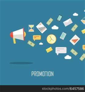 Creative Office Background. Creative office background. Promotion banner. Success business concept with megaphone with devices for communication in flat on blue background. Vector illustration.