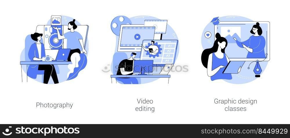 Creative online courses isolated cartoon vector illustrations set. Photography classes with tutor, video editing, graphic design classes, watching online tutorial, digital art vector cartoon.. Creative online courses isolated cartoon vector illustrations se