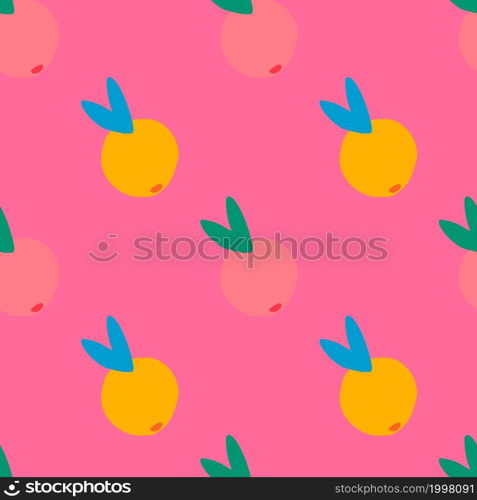 Creative orange fruit seamless pattern on pink background. Citrus fruits endless wallpaper. Simple vector illustation. Design for fabric , textile print, surface, wrapping, cover. Creative orange fruit seamless pattern on pink background. Citrus fruits endless wallpaper.