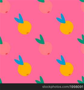 Creative orange fruit seamless pattern on pink background. Citrus fruits endless wallpaper. Simple vector illustation. Design for fabric , textile print, surface, wrapping, cover. Creative orange fruit seamless pattern on pink background. Citrus fruits endless wallpaper.
