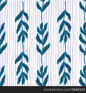 Creative outline bluek branch with leaves seamless pattern on stripes background. Vintage foliage backdrop. Modern nature wallpaper. For fabric design, textile print, wrapping, cover. Creative outline bluek branch with leaves seamless pattern on stripes background.