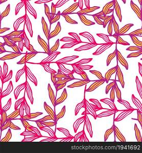 Creative outline pink branch with leaves seamless pattern . Abstract foliage backdrop. Modern nature wallpaper. For fabric design, textile print, wrapping, cover. Vector illustration.. Creative outline pink branch with leaves seamless pattern .