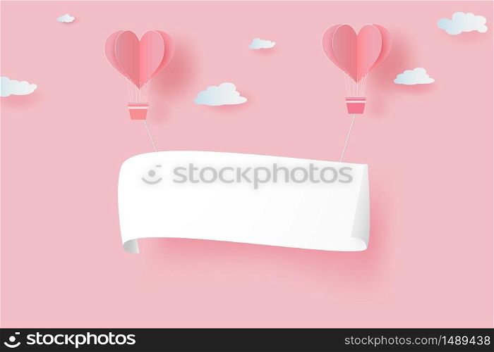 Creative Paper art and craft of happy Valentine Day concept. Paper white signboard in air balloons heart floating on sky background.Graphic decoration element for card and postcard.Vector illustration