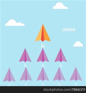 Creative paper rocket sign and white cloud on blue sky. Business and leadership concept, teamwork sign. Vector illustration