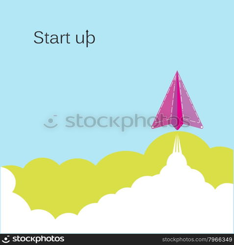 Creative paper rocket sign and white cloud on blue sky, conceptual of start up new business project, take off of a business or project or extraterrestrial travel. Vector illustration