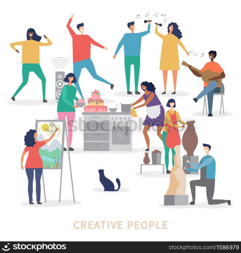 Creative people characters of group vector background. Profession artist and sculptor making statue illustration. Creative people characters of group vector background