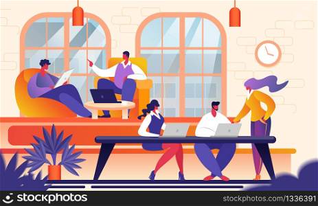 Creative People in Modern Office. Group of Young Business People Working Together with Laptop, Tablet, Smartphone, Notebook. Successful Team in Coworking. Freelancers Cartoon Flat Vector Illustration.. Creative Young People in Modern Coworking Office.