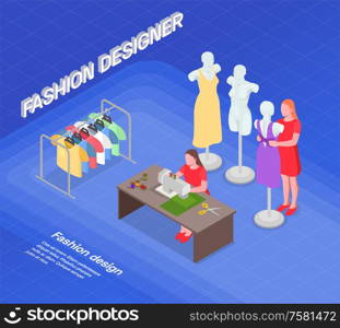 Creative people professions artist isometric background with editable text and designer of clothes character workspace elements vector illustration