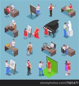 Creative people professions artist isometric set of isolated human characters with their respective equipment with shadows vector illustration