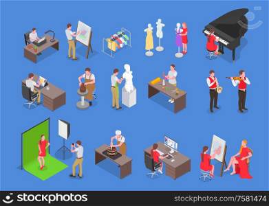 Creative people professions artist isometric set with isolated human characters furniture and pieces of professional equipment vector illustration