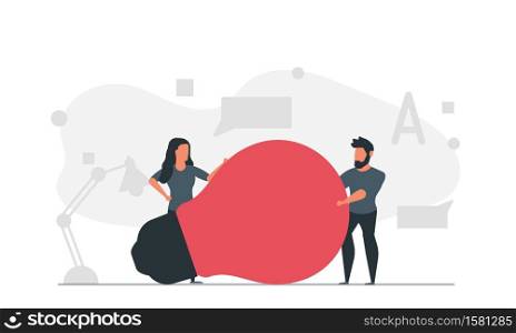 Creative people with innovative ideas. A man and woman are holding a large light bulb. Talented people concept vector illustration