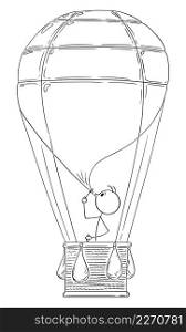 Creative person flying in hot air balloon made from soap bubble, vector cartoon stick figure or character illustration.. Person Flying in Air Balloon From Soap Bubble , Vector Cartoon Stick Figure Illustration