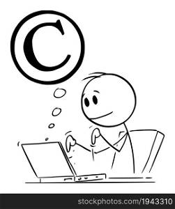 Creative person typing on computer and producing intellectual property or copyrighted work, vector cartoon stick figure or character illustration.. Creative Person Typing on Computer and Producing Copyrighted Work or Intellectual Property, Vector Cartoon Stick Figure Illustration