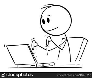 Creative person working or typing on computer, vector cartoon stick figure or character illustration.. Creative Person Typing or Working on Computer , Vector Cartoon Stick Figure Illustration