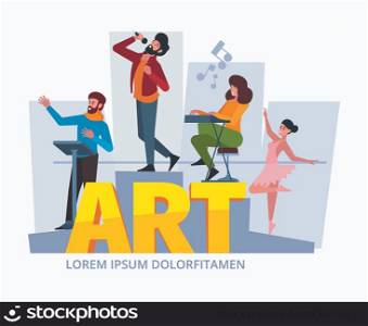 Creative persons working. Concept background with artists and designers making creative project garish vector illustration. Sing and play, composer and dance. Creative persons working. Concept background with artists and designers making creative project garish vector illustration