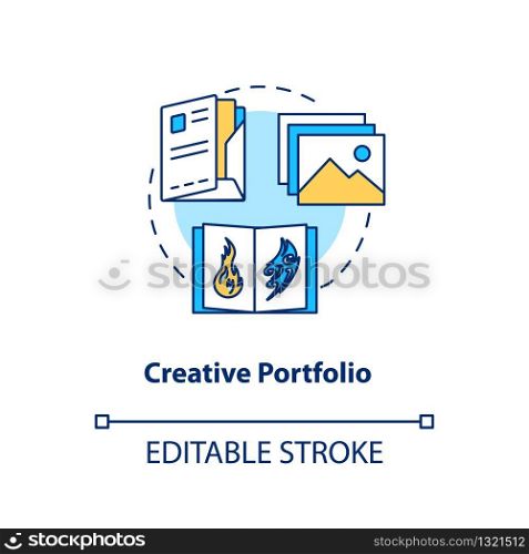 Creative portfolio concept icon. Designer works advertisement idea thin line illustration. Design studio artworks samples. Vector isolated outline RGB color drawing. Editable stroke