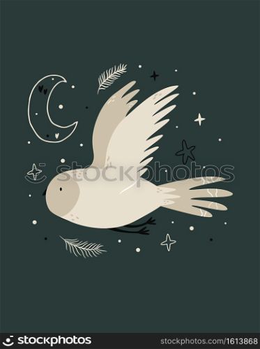 Creative poster with a flying owl and night sky elements. Vector illustration of a cute animal for prints, wall arts, greeting cards, different decorations. Creative poster with a flying owl and night sky elements.