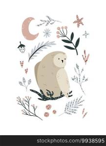 Creative poster with an owl sitting in the nest and forest elements. Vector illustration of a cute animal for prints, wall arts, greeting cards, different decorations. Creative poster with an owl sitting in the nest and forest elements.