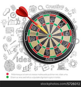 Creative poster with dartboard and idea imagination and creativity symbols on background vector illustration