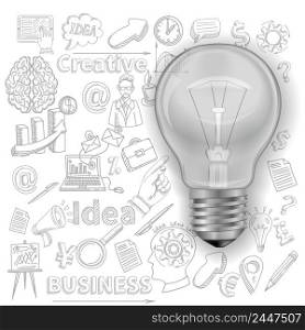 Creative poster with lightbulb and business symbols on background vector illustration