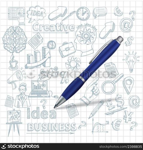 Creative poster with pen and sketch business and creativity symbols on squared background vector illustration
