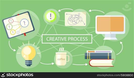Creative process. Creative office item icons at desk in flat design style. Can be used for web banners, marketing and promotional materials, presentation templates