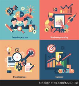 Creative process flat icons set with business planning development success isolated vector illustration