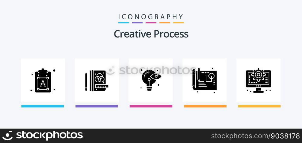 Creative Process Glyph 5 Icon Pack Including setting. interface. process. computer. process. Creative Icons Design
