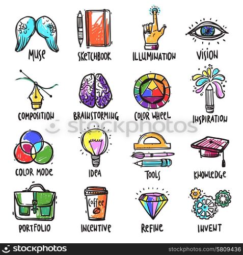 Creative process hand drawn icons set with brainstorming correction portfolio isolated vector illustration. Creative Process Icons Set