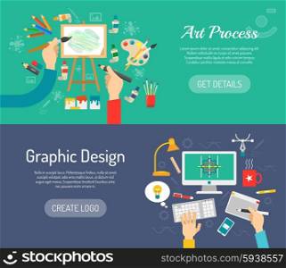 Creative process horizontal banners set with painter and graphic designer workspace isolated vector illustration. Creative Process Banners