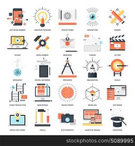 Creative Process icons. Vector set of creative process flat web icons. Illustration graphic design concepts. Modern flat icon style. Symbols for mobile and web graphics. Logo creative concepts