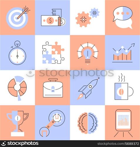 Creative process research brainstorming productivity flat line icons set isolated vector illustration