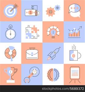 Creative process research brainstorming productivity flat line icons set isolated vector illustration
