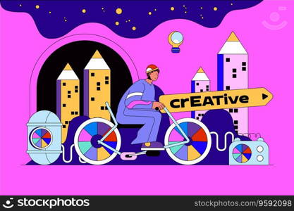 Creative process web concept with character scene. Man brainstorming, generates ideas and creating trendy art content. People situation in flat design. Vector illustration for marketing material.