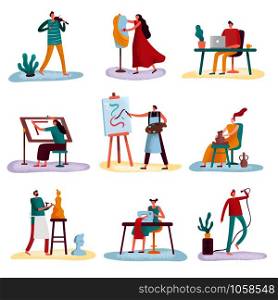 Creative profession artist. Artistic people art sculptor, artisan painter and fashion designer. Creators artists, artist with painting canvas or sculptor craftsman isolated vector icons set. Creative profession artist. Artistic people art sculptor, artisan painter and fashion designer. Creators artists isolated vector set