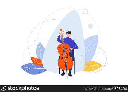 Creative profession, hobby, musician concept. Man, boy musician with contrabass playing in orchestra. Concert with musical instrument. Art image of creative occupation, lifestyle, hobby. Flat vector. Creative profession, hobby, musician concept