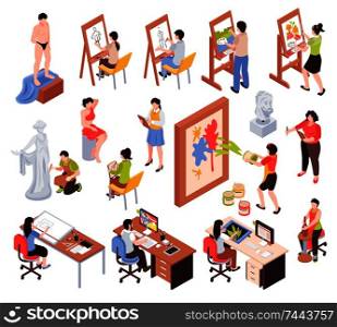 Creative profession isometric icons set with artists masters of sculpture and pottery graphic designers isolated vector illustration . Creative Profession Isometric Icons Set