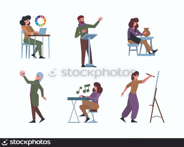 Creative professions. Actors artists photographers musicians programmers painters creative people working garish vector flat persons isolated. Illustration of artist profession, actor and musician. Creative professions. Actors artists photographers musicians programmers painters creative people working garish vector flat persons isolated
