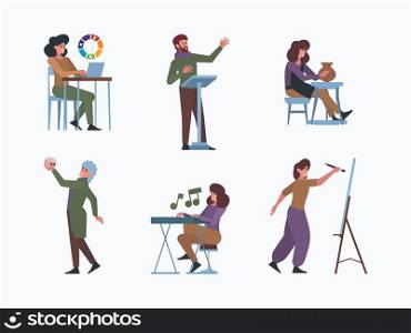 Creative professions. Actors artists photographers musicians programmers painters creative people working garish vector flat persons isolated. Illustration of artist profession, actor and musician. Creative professions. Actors artists photographers musicians programmers painters creative people working garish vector flat persons isolated