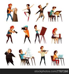Creative professions people retro cartoon icons set with artist designer sculptor photographer actor dancer isolated vector illustrations . Creative Professions Cartoon Icons Set 