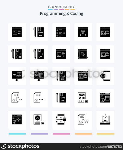 Creative Programming And Coding 25 Glyph Solid Black icon pack  Such As coding. app. file. list. develop