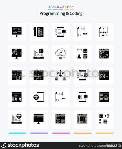 Creative Programming And Coding 25 Glyph Solid Black icon pack  Such As development. coding. development. device. develop