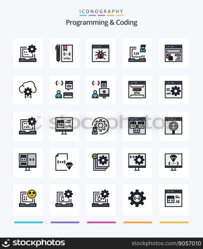 Creative Programming And Coding 25 Line FIlled icon pack  Such As development. browser. develop. programmer. development